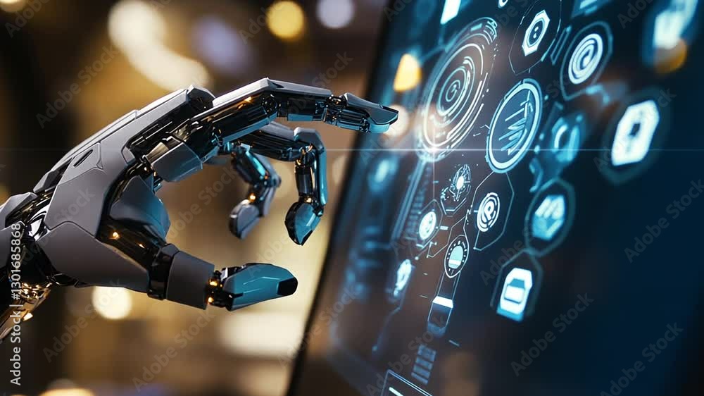Poster advanced robotic arm interacting with digital interface showcasing future technology trends