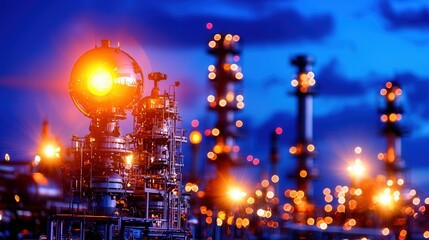 Illuminated fuel processing facility featuring towering steel structures intricate piping systems and glowing storage tanks set against the backdrop of a vibrant urban cityscape