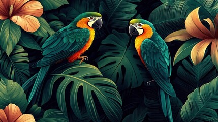 Obraz premium Stunning Tropical Forest Landscape with Vibrant Parrot Birds Perched Amidst Lush Green Foliage and Colorful Flowers