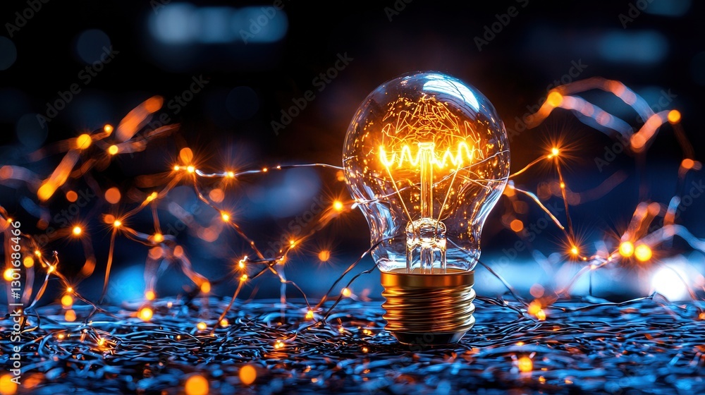Poster a symbolic and abstract design featuring a glowing light bulb at the center of an intricate maze lik