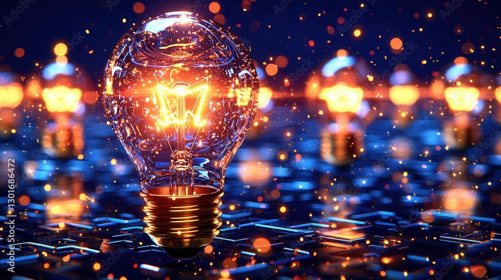 Poster symbolic and intricate maze design with a warm glowing golden light bulb at the center representing 