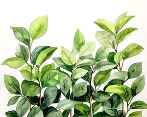 Obraz premium Watercolor green leaves growing with white background, for nature, design, or home decor