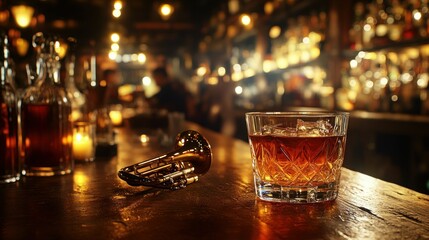 Whiskey drink on bar counter with trumpet, dimly lit jazz club