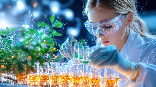 A team of highly skilled scientists working collaboratively in a state of the art biofuel research laboratory using sophisticated equipment and techniques to conduct innovative experiments