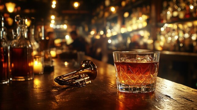 Whiskey drink on bar counter with trumpet, dimly lit jazz club