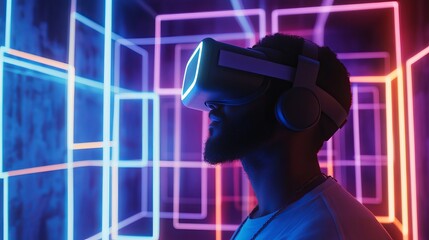 Virtual reality experience urban setting digital art neon environment side view immersion in technology