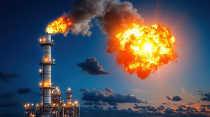 Obraz premium Towering gas flare stack emitting a steady flame against a dark industrialized night skyline with clouds and atmospheric lighting