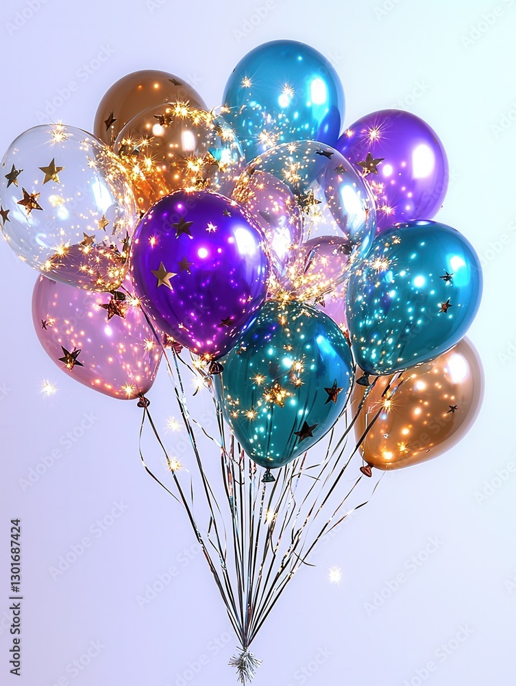 Poster a vibrant shimmering cluster of reflective star shaped balloons arranged in a captivating display ag