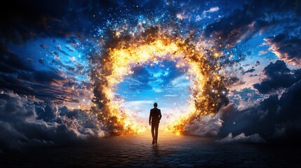 Fototapeta premium A silhouetted figure confidently walking towards a dramatic ethereal portal of light and energy in the stormy starry sky symbolizing the journey of vision discovery and transformational potential