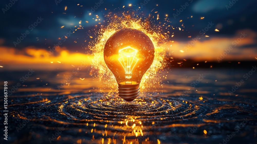 Poster a visually dynamic and conceptual landscape featuring an explosive illumination of a brilliant idea 
