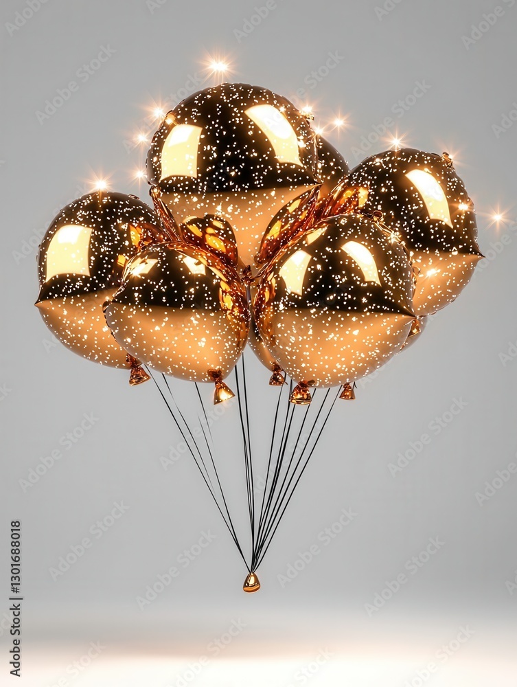 Poster captivating metallic balloons floating in a radiant glow creating a mesmerizing and enchanting atmos