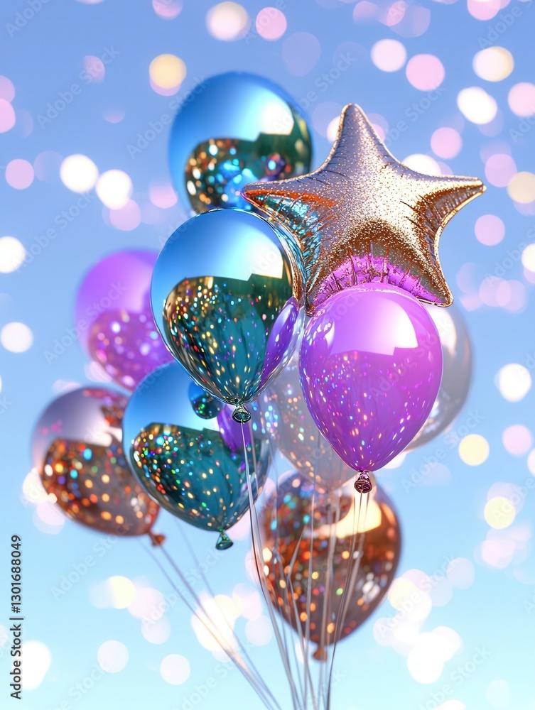 Poster visually striking 3d render of glossy metallic star shaped balloons and sparkling creating a colorfu