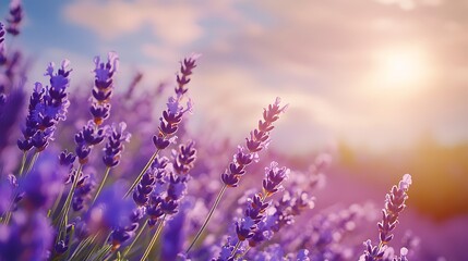 Fototapeta premium Lavender Field at Sunset / 夕暮れ時のラベンダー畑