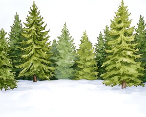 Obraz premium Watercolor pines sit on snow with forest backdrop, suitable for winter holiday greeting