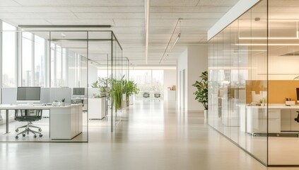 Fototapeta premium Modern and Bright Office Space Design with Glass Partitions and Natural Light