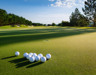 Golf balls aligned for a putting practice session on a smooth, pristine green