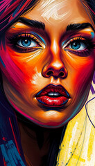 Young woman close-up. Painted portrait of a woman. Saturated bright colors