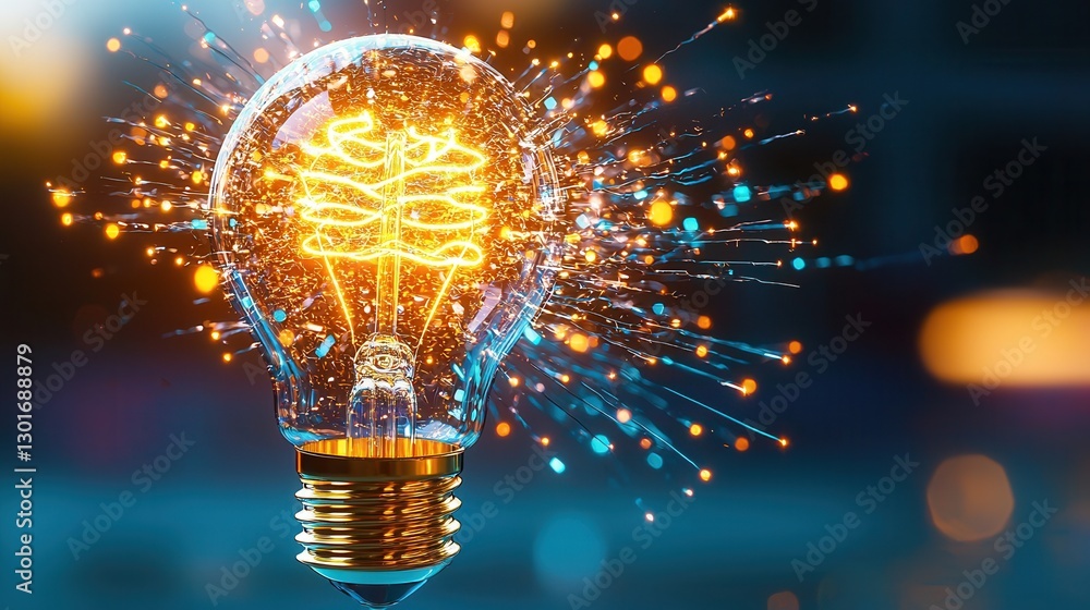 Poster a visually striking and futuristic digital depicting a pulsating golden light bulb at the center of 