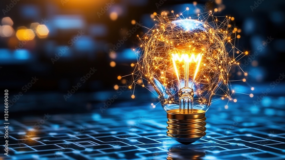 Poster a visually striking image of a glowing light bulb surrounded by a geometric grid pattern symbolizing