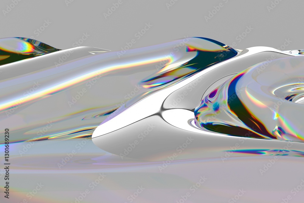 Poster Flowing, iridescent surface with rainbow reflections creates a mesmerizing wave-like pattern in this abstract 3D illustration, set against a smooth gray background.