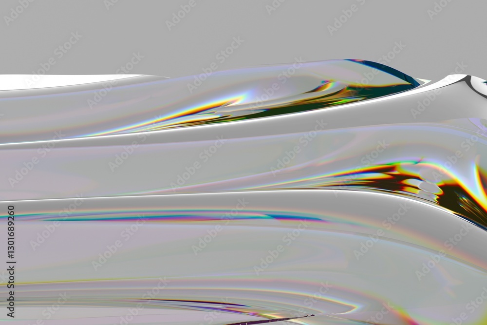 Poster Flowing, iridescent surface with rainbow reflections creates a mesmerizing wave-like pattern in this abstract 3D illustration, set against a smooth gray background.