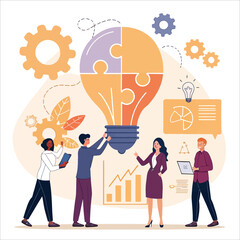 Contemporary flat style vector illustration of diverse standing people in business suits discussing an idea in the form of light bulb made of puzzle piecesps