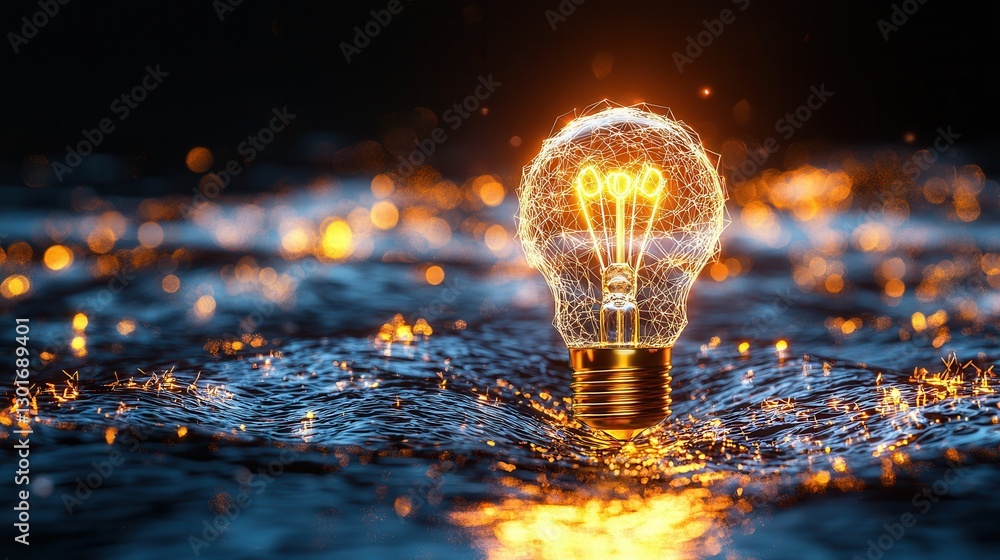 Poster glowing incandescent lightbulb reflecting in the transparent rippling surface of water with sparklin