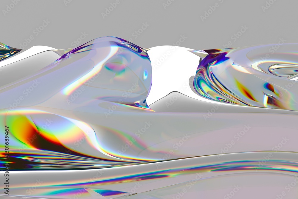 Poster Flowing, iridescent surface with rainbow reflections creates a mesmerizing wave-like pattern in this abstract 3D illustration, set against a smooth gray background.