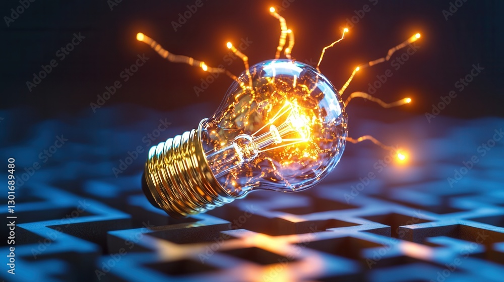 Poster illuminating the path a maze patterned with a glowing light bulb symbolizing innovation and potentia