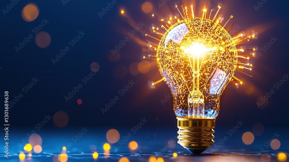 Poster a well defined maze pattern illuminated by a glowing golden light bulb creating a striking and innov