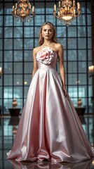 Fototapeta premium A high-fashion cinematic portrait: a stunning blonde woman with delicate features and fair skin, wearing a light-pink satin ball gown With a big beautiful flower on the front of the dress.