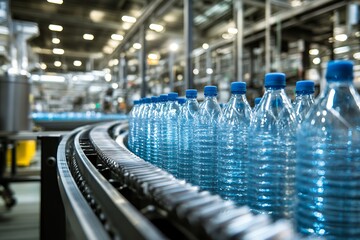 Automated water bottle production line in modern factory environment