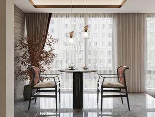 3d render modern dining room with fireplace