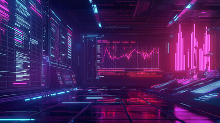 A futuristic data dashboard with vibrant neon lights and graphical displays, creating a high-tech environment.