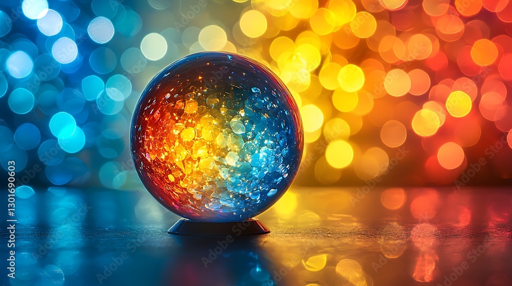 Poster crystal ball illuminated by colorful bokeh lights reflecting on a shiny surface