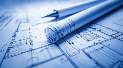 Technical drawings and tools used for architectural design.