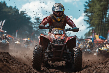 dynamic moment of the off-road quad bike race. In the center of the composition is a racer in a protective helmet and gear,  