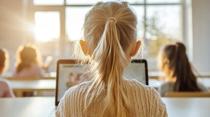 In a classroom, a little girl with brown hair and dressed in a pink hoodie is focused on her laptop