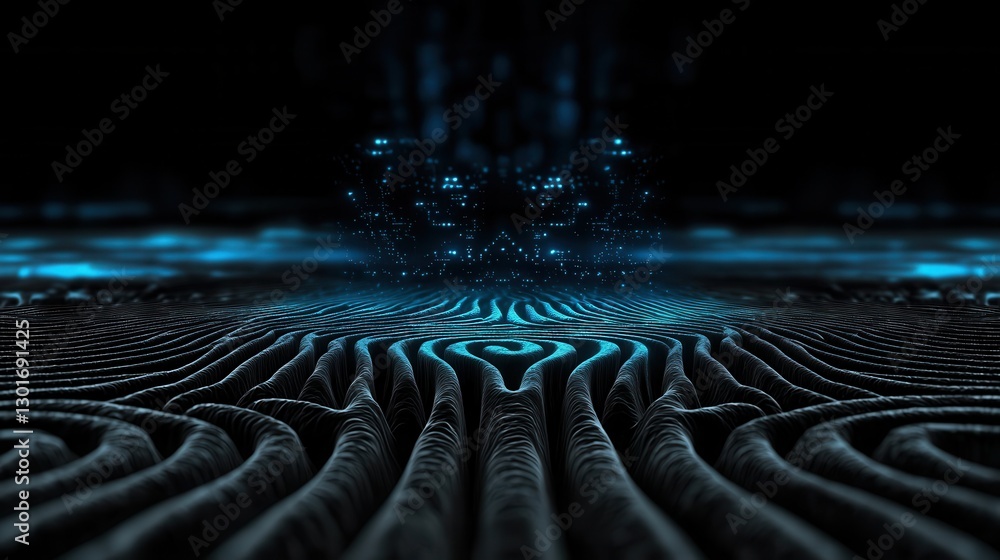 Poster mesmerizing abstract maze like design with a complex fingerprint inspired pattern and deep blue tone