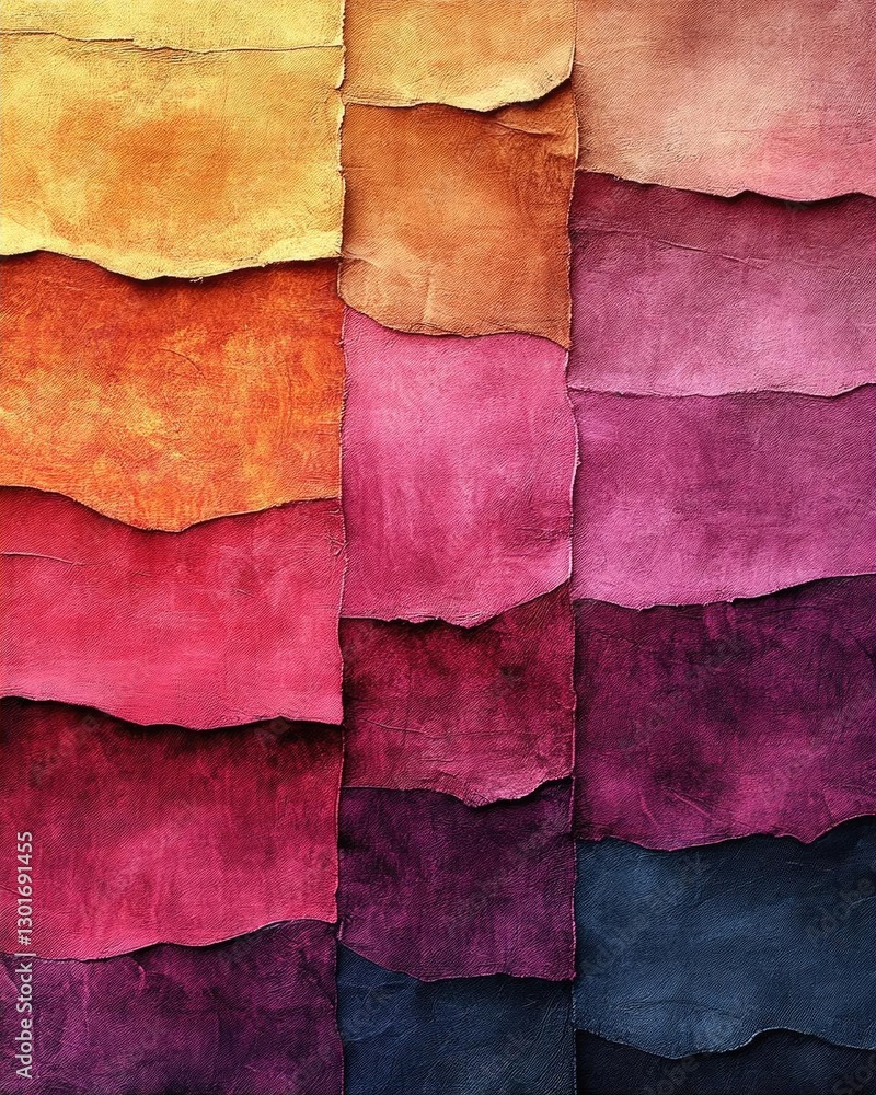 Poster vibrant layers of textured paper in warm and cool colors creating a visually striking backdrop