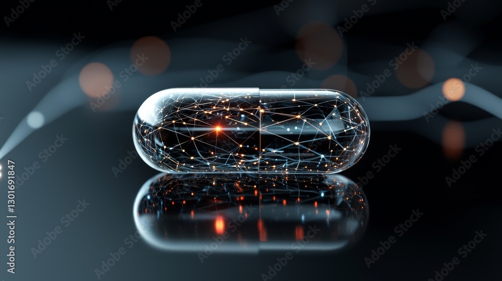 Poster the image of a pill on a network background is symbolic of precision medicine that is driven by ai