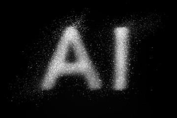 A dynamic representation of 'AI' created through scattered particles.