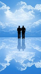 Two figures stand on a mirrored sky