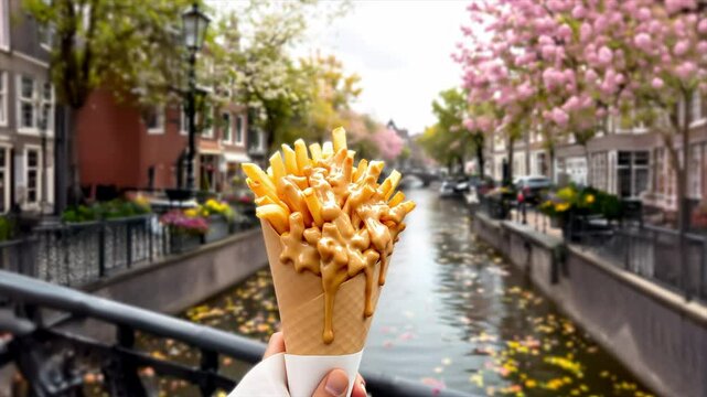Typical dutch delicatesse: A paper cone with french fries with sate sauce and mayonaise in Amsterdam the Netherlands