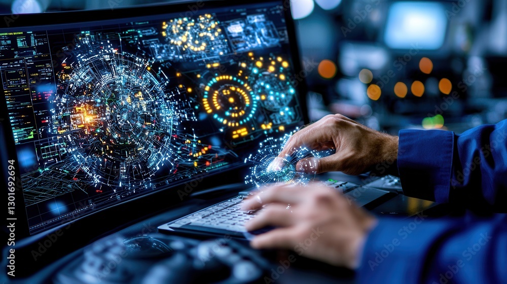Poster digital control panel in a futuristic fuel processing facility showcasing advanced technology data a