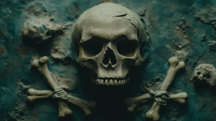 othic skull symbol surrounded by cracked stone and eerie shadows