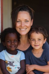 A woman is holding two children, one of whom is black. The woman is smiling and the children are smiling as well. Scene is happy and loving