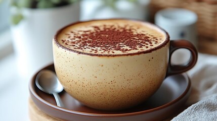 Creamy coffee topped with cocoa powder in a cozy café setting with soft natural light