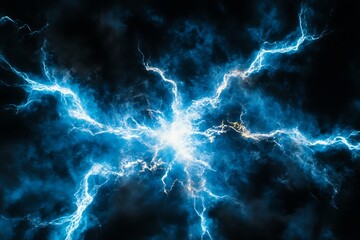 Powerful blue lightning bolts illuminating dark clouds in sky