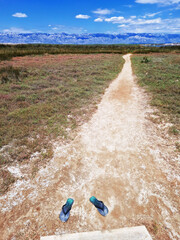 Wooden boardwalk through marshland with abandoned flip-flops in foreground